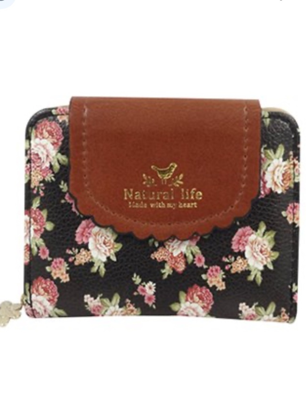 New NATURAL LIFE Black Floral Wallet with Brown Flap zip around